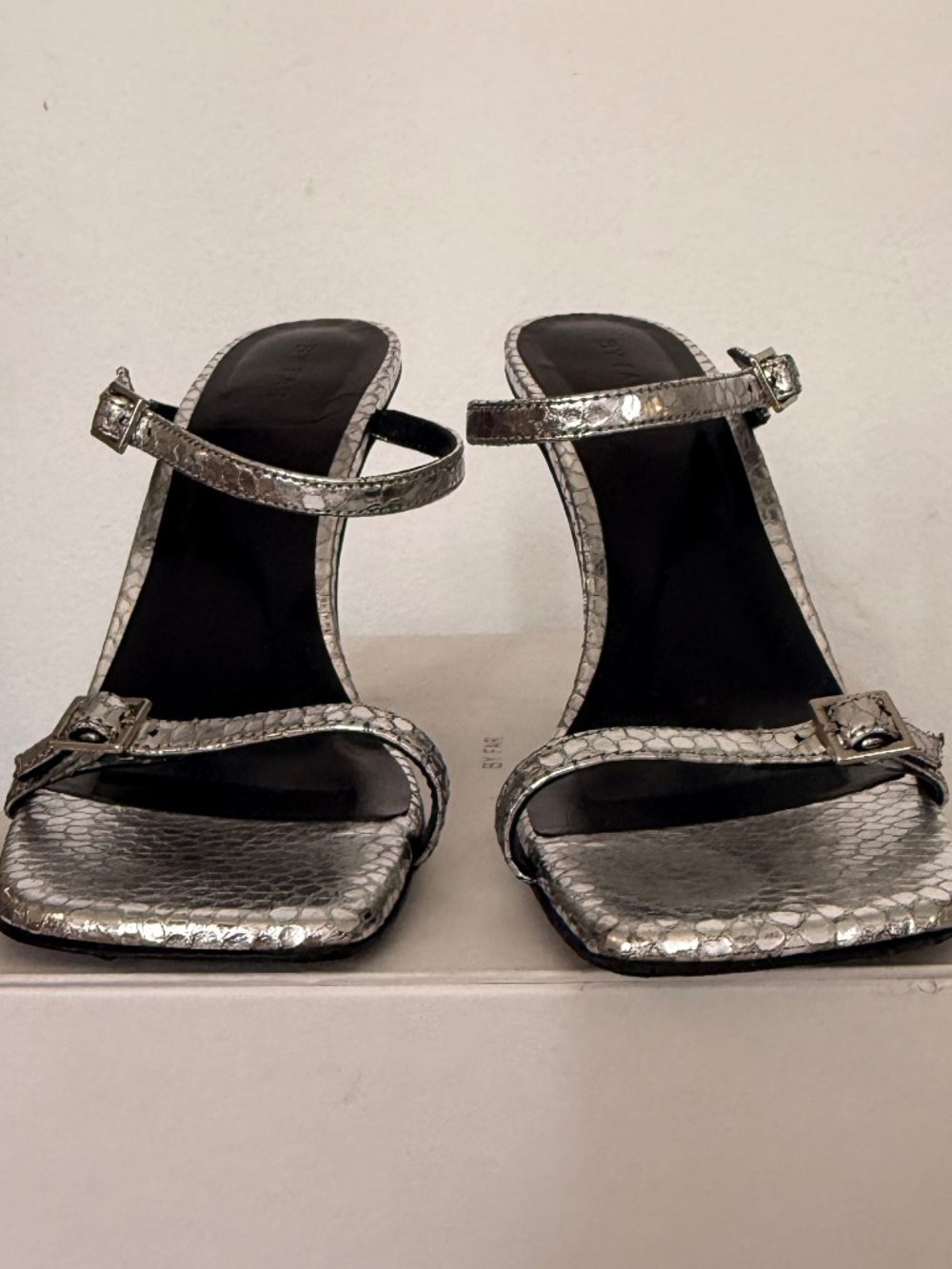 BY FAR Flick Silver Metallic Leather Heels Sandals Size 38 w/ Original Box